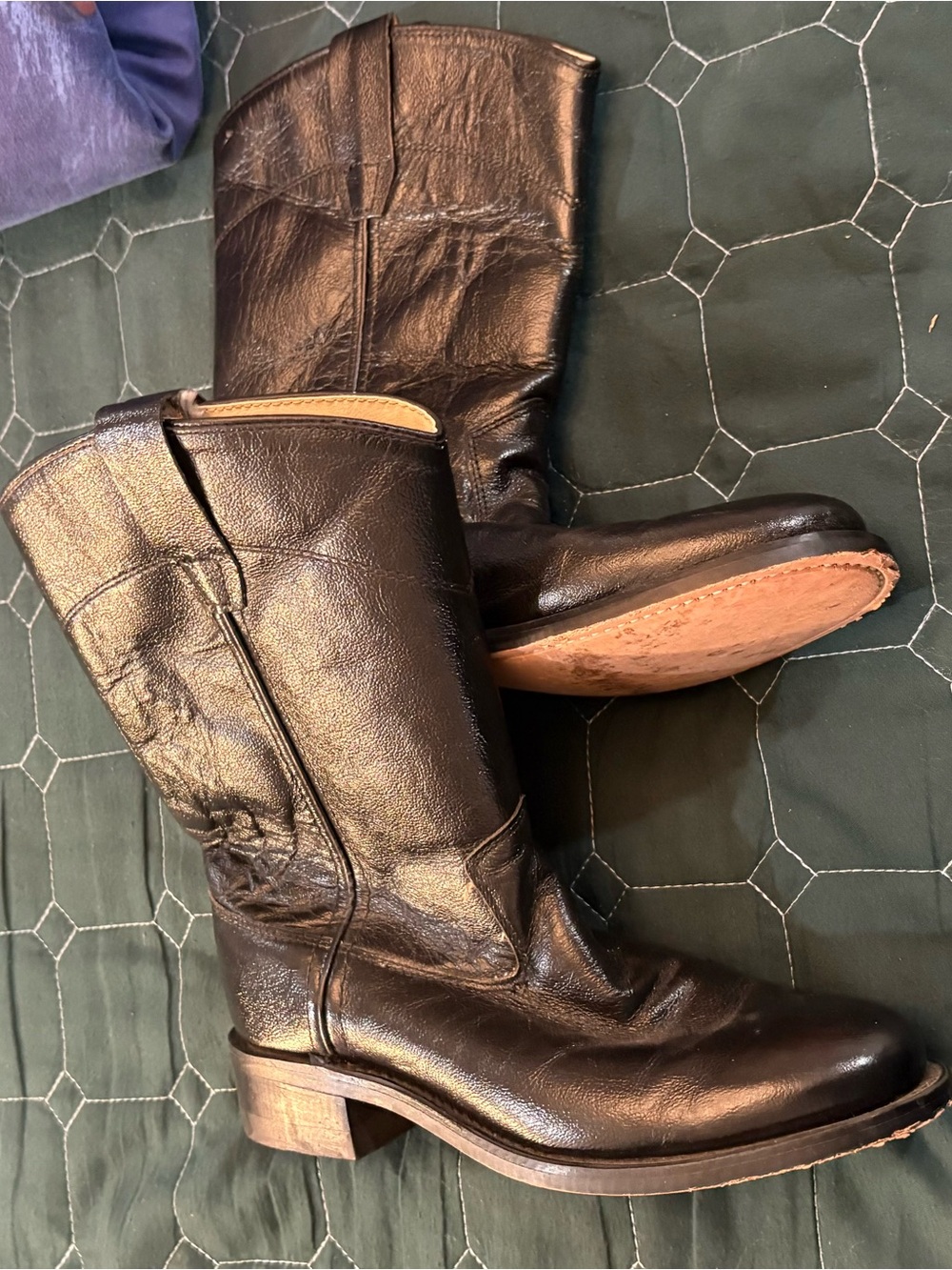 Old West Black Leather Mid-Calf Heeled Boots